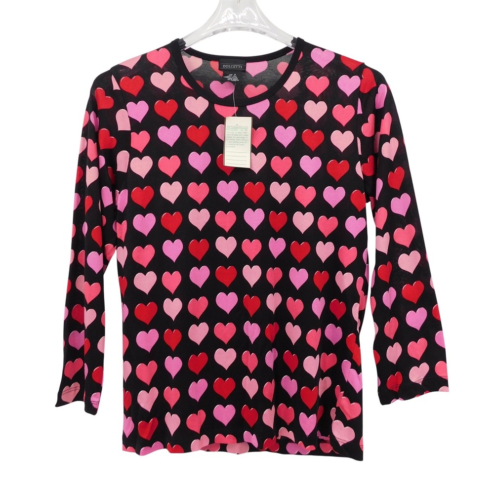 DOLCETTI Women's Black Long‎ Sleeve Heart Print Silk Cotton Blend Top Size M